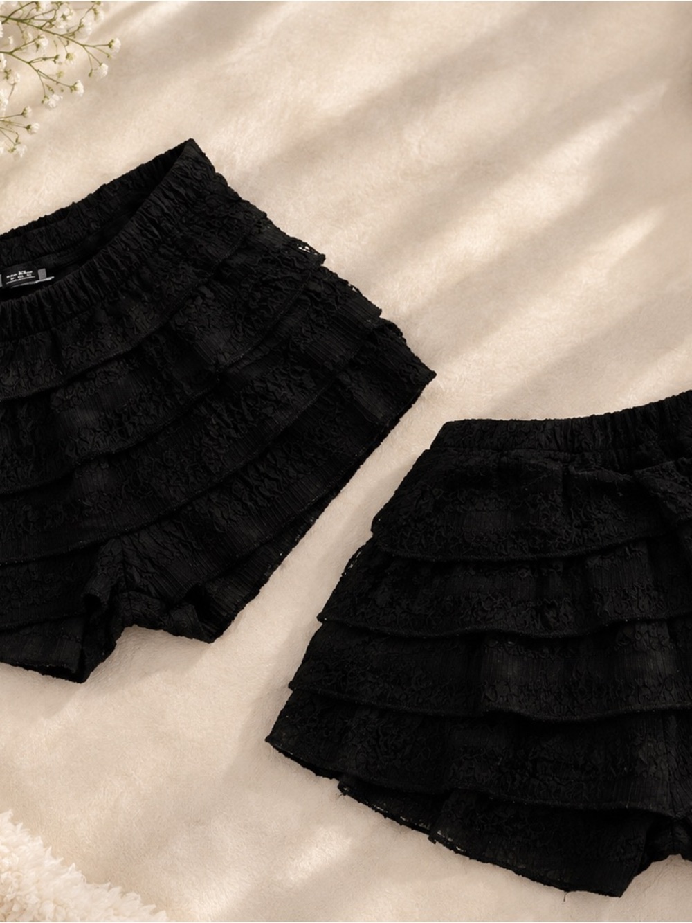 SHEIN Black Tiered Lace Ruffle Shorts